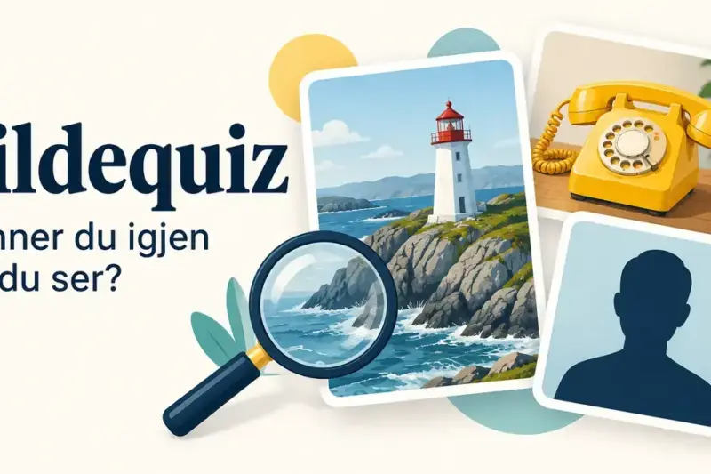 Illustrasjon av en bildequiz med et fyrtårn, en gul telefon, en anonym silhuett og et forstørrelsesglass, med teksten «Bildequiz – Kjenner du igjen det du ser?».