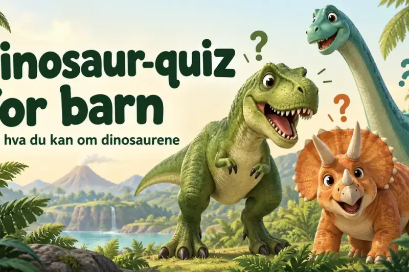 Tre vennlige dinosaurer i et frodig landskap med spørsmålstegn og teksten «Dinosaur-quiz for barn – Test hva du kan om dinosaurene».