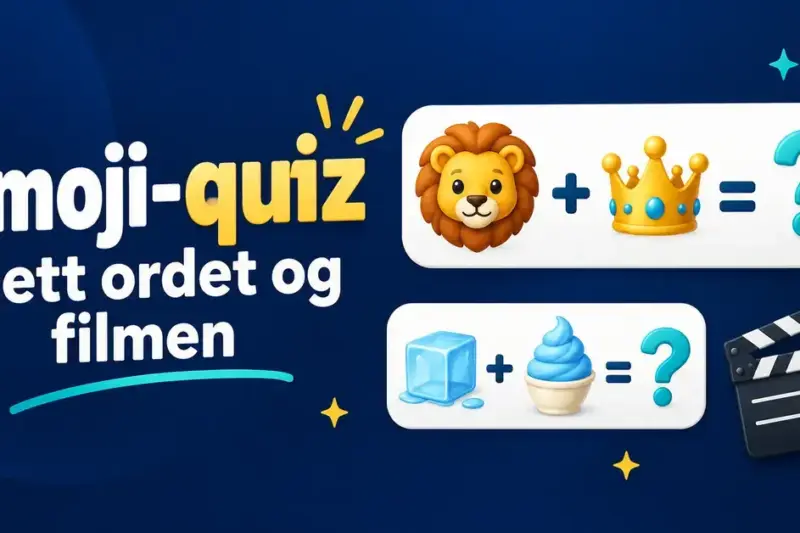 Illustrasjon av en emoji-quiz med løve, krone, isbit, krem og spørsmålstegn ved siden av teksten «Emoji-quiz – Gjett ordet og filmen».
