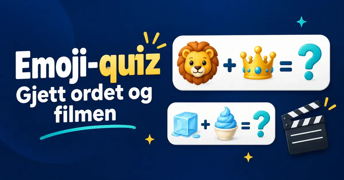 Illustrasjon av en emoji-quiz med løve, krone, isbit, krem og spørsmålstegn ved siden av teksten «Emoji-quiz – Gjett ordet og filmen».