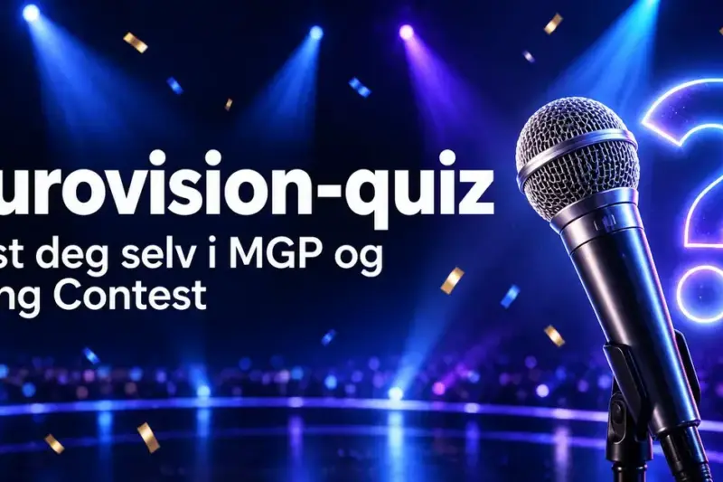 Mikrofon og lysende spørsmålstegn i blått og lilla scenelys ved siden av teksten «Eurovision-quiz: Test deg selv i MGP og Song Contest».