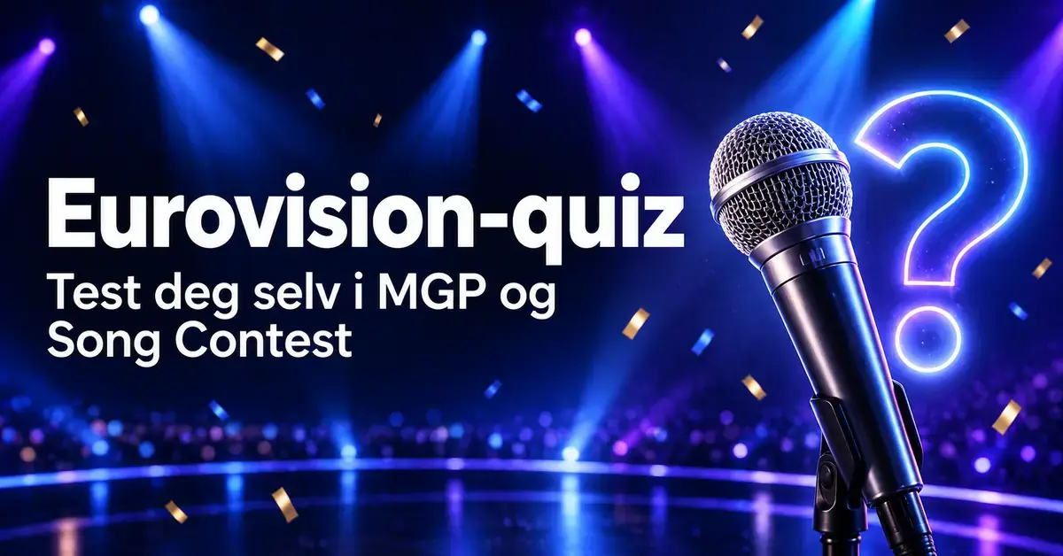 Mikrofon og lysende spørsmålstegn i blått og lilla scenelys ved siden av teksten «Eurovision-quiz: Test deg selv i MGP og Song Contest».