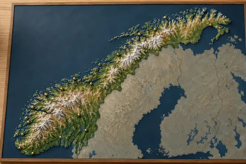 Et relieffkart over Norge med fjell, fjorder og messingfargede stedsmarkører på et trebord.