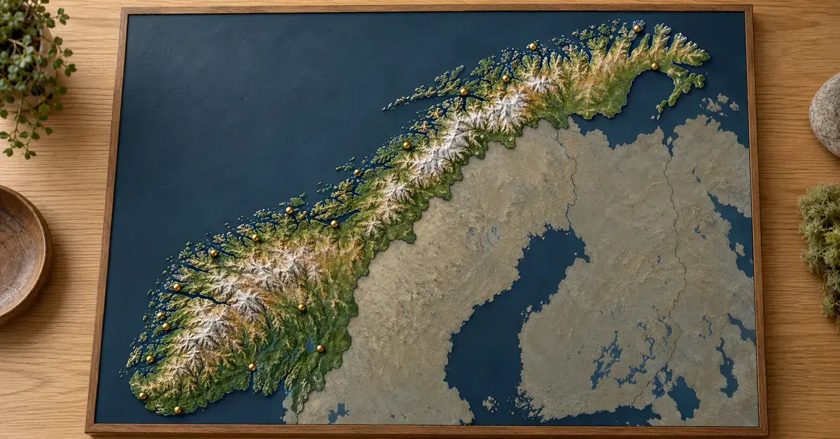Et relieffkart over Norge med fjell, fjorder og messingfargede stedsmarkører på et trebord.