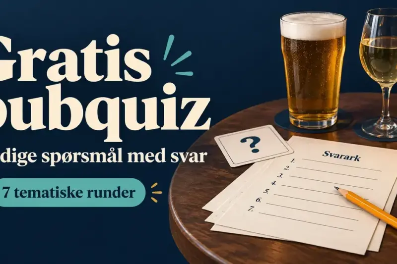 Illustrasjon med teksten «Gratis pubquiz», informasjon om sju tematiske runder og et pubbord med svarark, blyant og drikkeglass.