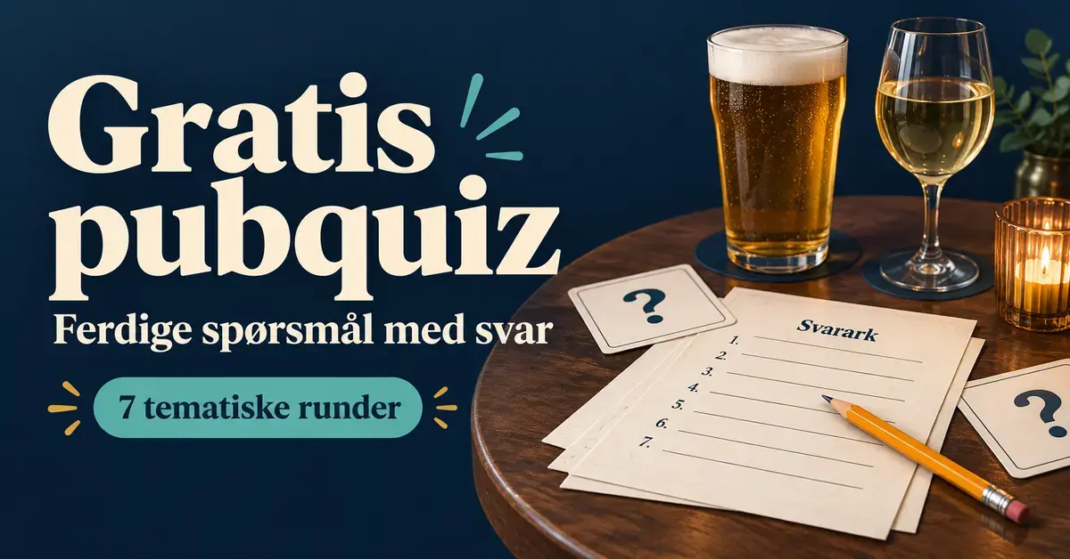 Illustrasjon med teksten «Gratis pubquiz», informasjon om sju tematiske runder og et pubbord med svarark, blyant og drikkeglass.