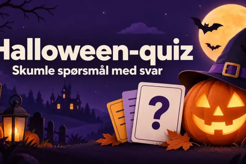 Illustrasjon av et lysende gresskar med heksehatt, quizkort og flaggermus i måneskinn, med teksten «Halloween-quiz: Skumle spørsmål med svar».