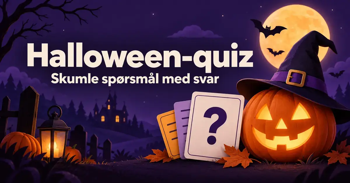 Illustrasjon av et lysende gresskar med heksehatt, quizkort og flaggermus i måneskinn, med teksten «Halloween-quiz: Skumle spørsmål med svar».