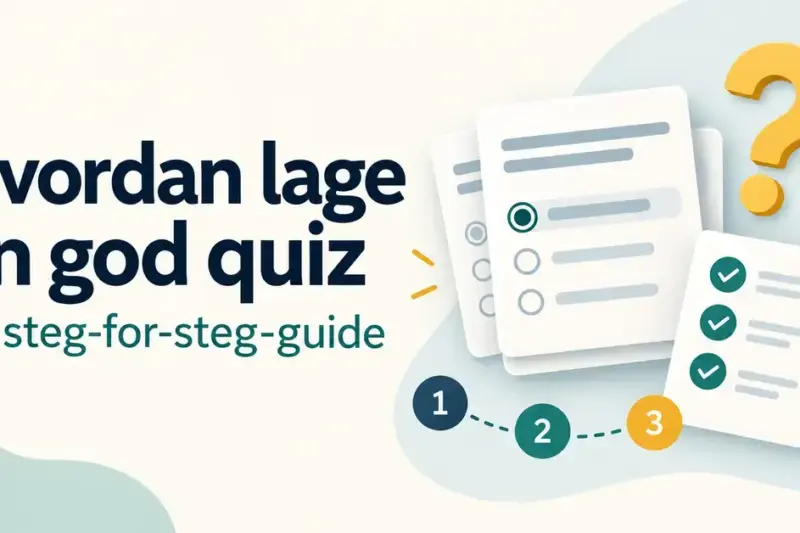 Illustrasjon med teksten «Hvordan lage en god quiz», spørsmålskort, sjekkliste, blyant og tre nummererte steg.