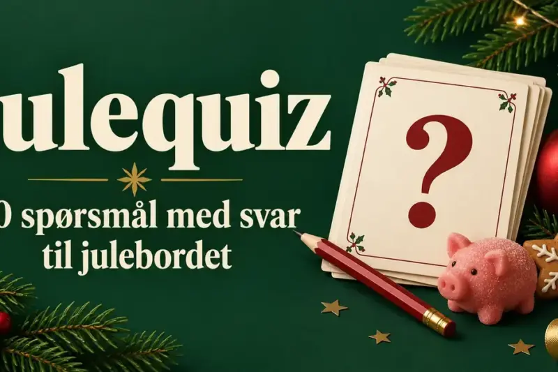 Julequiz med 30 spørsmål og svar til julebordet, illustrert med quizkort, blyant, marsipangris, pepperkake og julepynt på grønn bakgrunn.