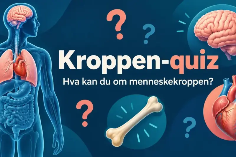 Illustrasjon av menneskekroppen med synlige organer, en hjerne, et hjerte, en knokkel og spørsmålstegn ved teksten «Kroppen-quiz: Hva kan du om menneskekroppen?».