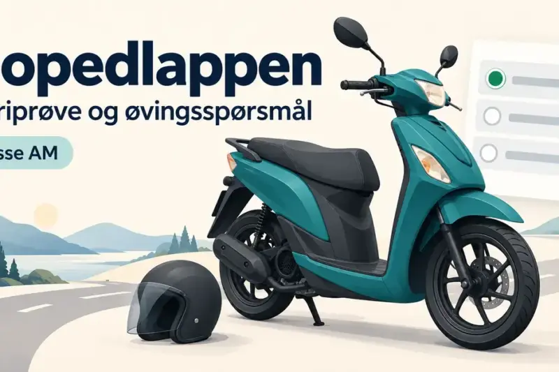 Illustrasjon av en turkis moped, en hjelm og et teorispørsmål med avkrysset svar, med teksten «Mopedlappen – Teoriprøve og øvingsspørsmål – Klasse AM».