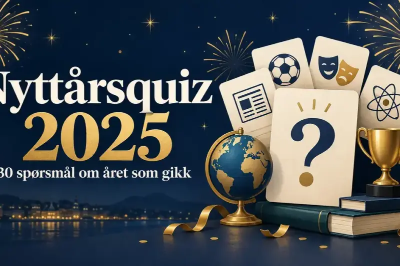Nyttårsquiz 2025 med teksten «30 spørsmål om året som gikk», gullfarget fyrverkeri, quizkort, globus og pokal på mørkeblå bakgrunn.