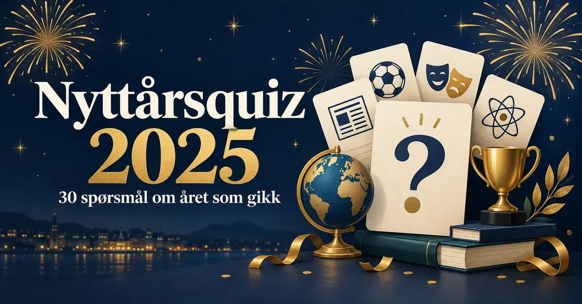 Nyttårsquiz 2025 med teksten «30 spørsmål om året som gikk», gullfarget fyrverkeri, quizkort, globus og pokal på mørkeblå bakgrunn.