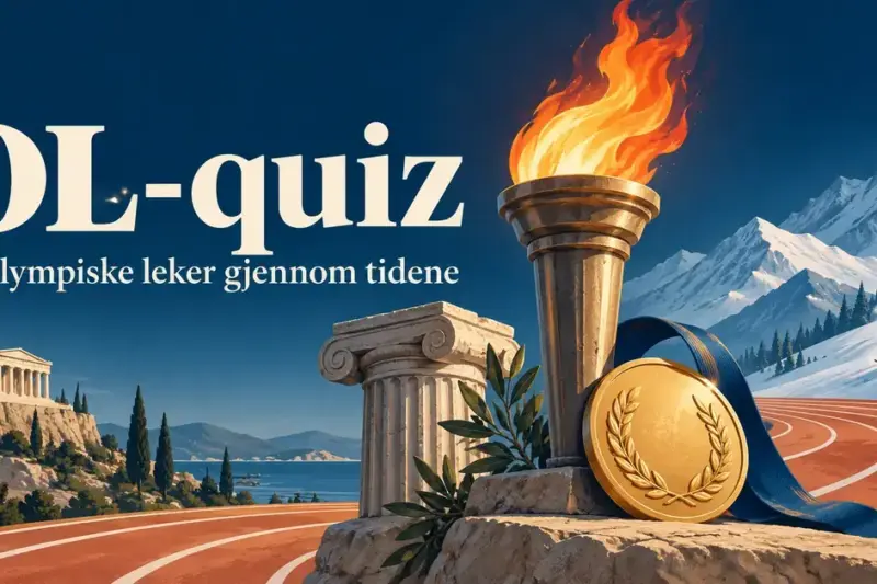 Illustrasjon til en OL-quiz med en brennende fakkel, gullmedalje, gresk søyle, løpebane og skiløper foran snødekte fjell.
