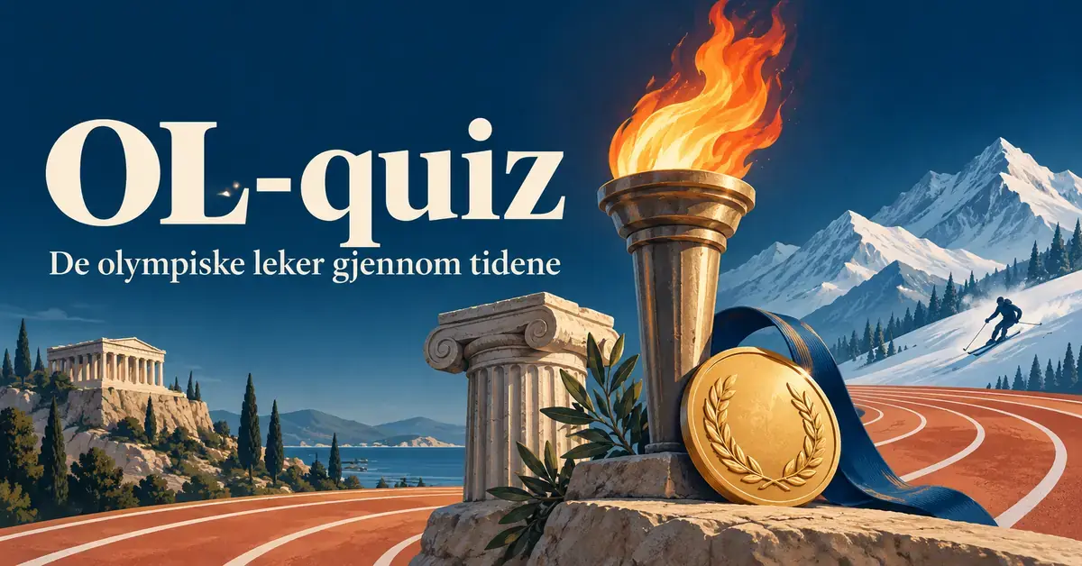 Illustrasjon til en OL-quiz med en brennende fakkel, gullmedalje, gresk søyle, løpebane og skiløper foran snødekte fjell.