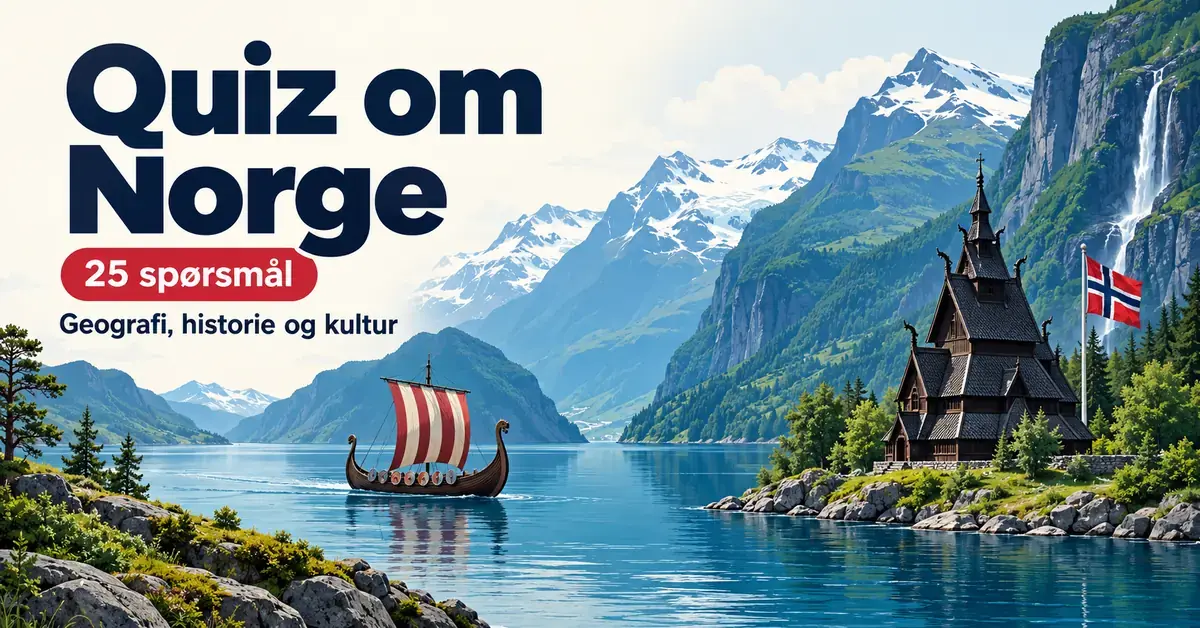 Illustrasjon av en norsk fjord med fjell, vikingskip, stavkirke og norsk flagg, med teksten «Quiz om Norge – 25 spørsmål – Geografi, historie og kultur».