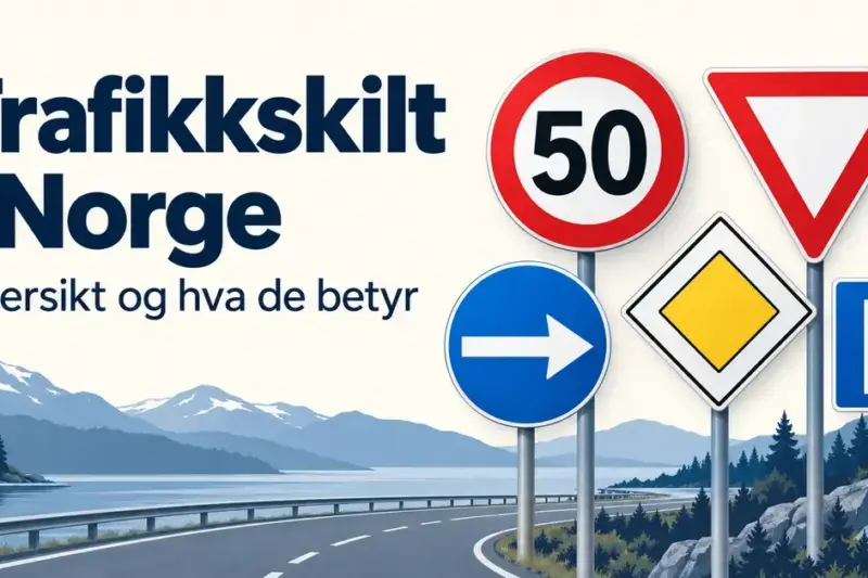 Illustrasjon av norske trafikkskilt for fartsgrense 50, vikeplikt, påbudt kjøreretning, forkjørsvei og parkering foran et fjordlandskap, med teksten «Trafikkskilt i Norge – Oversikt og hva de betyr».