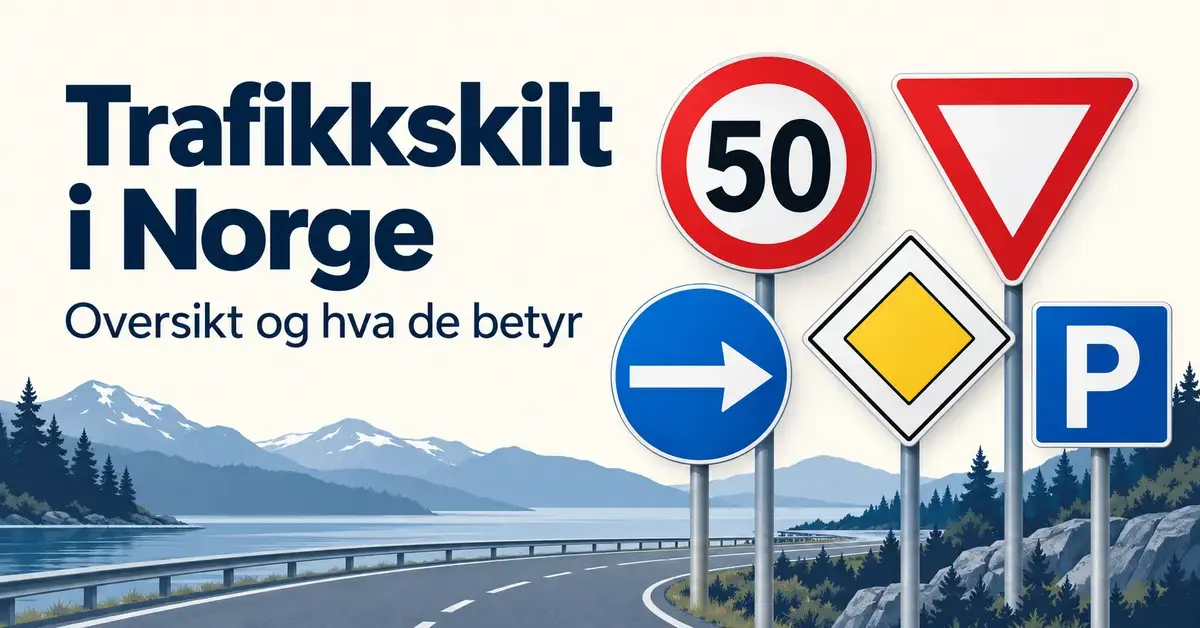 Illustrasjon av norske trafikkskilt for fartsgrense 50, vikeplikt, påbudt kjøreretning, forkjørsvei og parkering foran et fjordlandskap, med teksten «Trafikkskilt i Norge – Oversikt og hva de betyr».