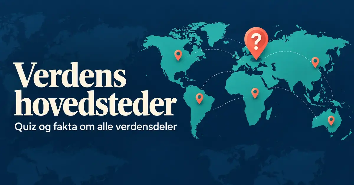 Illustrert verdenskart med turkise kontinenter, korallfargede kartnåler og et spørsmålstegn ved siden av teksten «Verdens hovedsteder – Quiz og fakta om alle verdensdeler».
