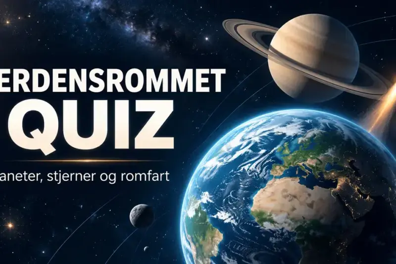 Illustrasjon av jorden, Saturn, Mars og en rakett mot en stjernehimmel, med teksten «Verdensrommet quiz – Planeter, stjerner og romfart».