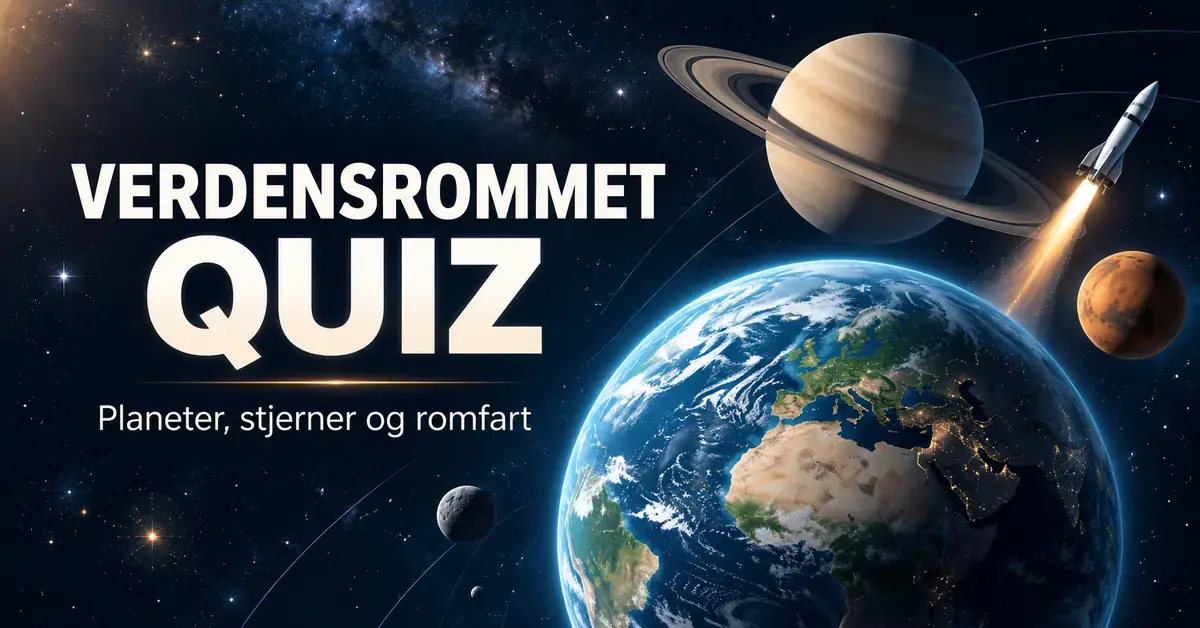 Illustrasjon av jorden, Saturn, Mars og en rakett mot en stjernehimmel, med teksten «Verdensrommet quiz – Planeter, stjerner og romfart».